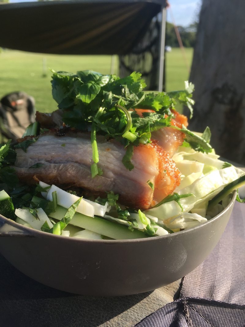 Crispy pork thai salad. As most of the country now was in fire ban season, all of our cooking was done on our Trangia.